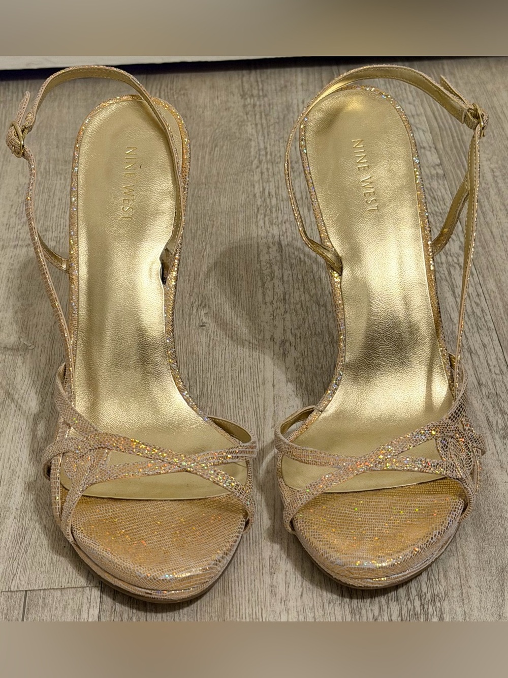 Nine West Gold Glitter Rhinestone Strappy Platform Heels Size 12M